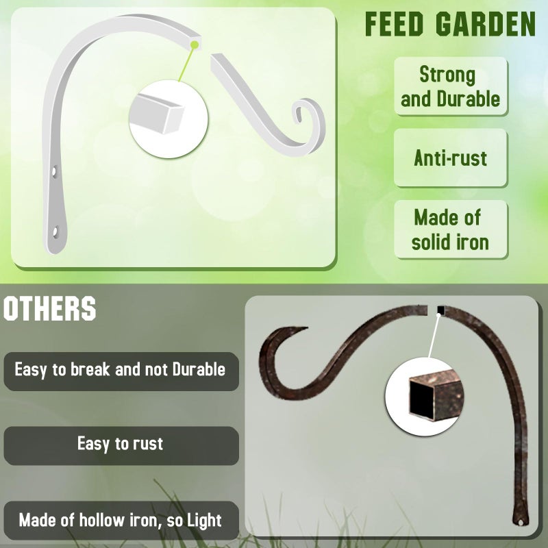 FEED GARDEN خطافات حائط حديدية مزخرفة من فيد جاردن، خطافات تعليق نباتات معدنية منحنية، للاستخدام الداخلي/الخارجي لتعليق مغذيات الطيور، أجراس الرياح، سلال الزهور، حصيرة اليوغا، (بيضاء، 8 بوصة 2 عبوة) - Image 4